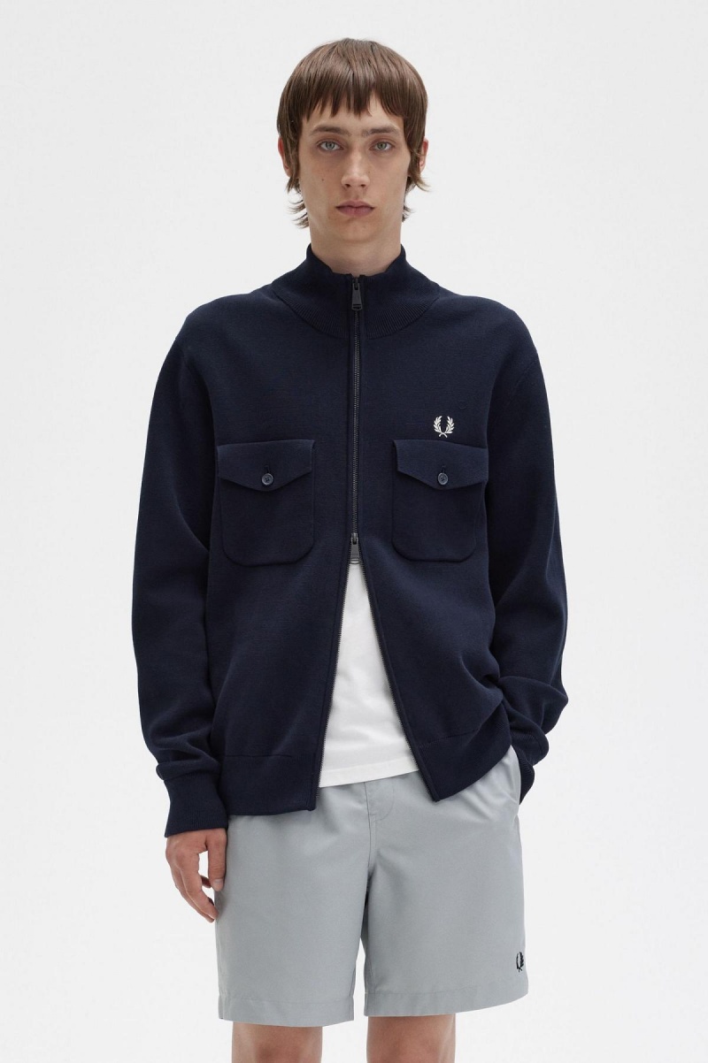 Navy Fred Perry Knitted Men's Track Jackets | GCAUC18393