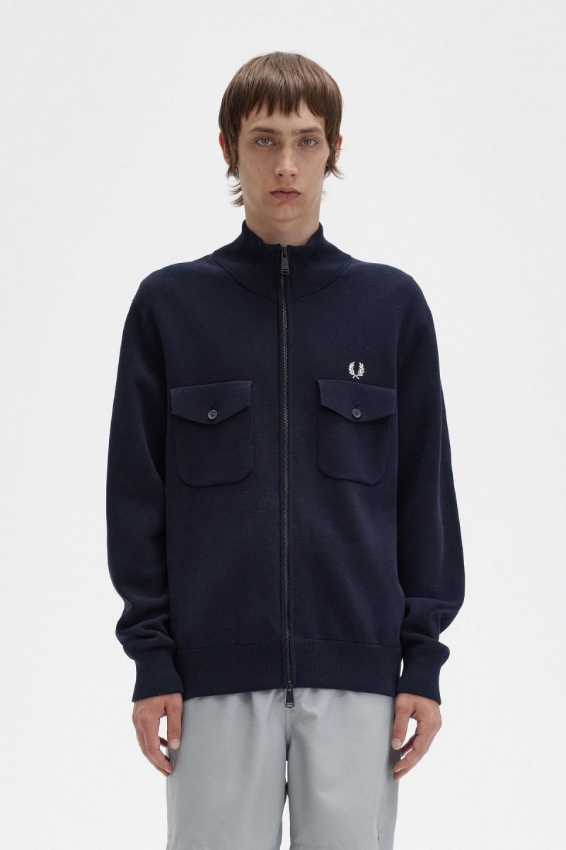 Navy Fred Perry Knitted Men\'s Track Jackets | GCAUC18393