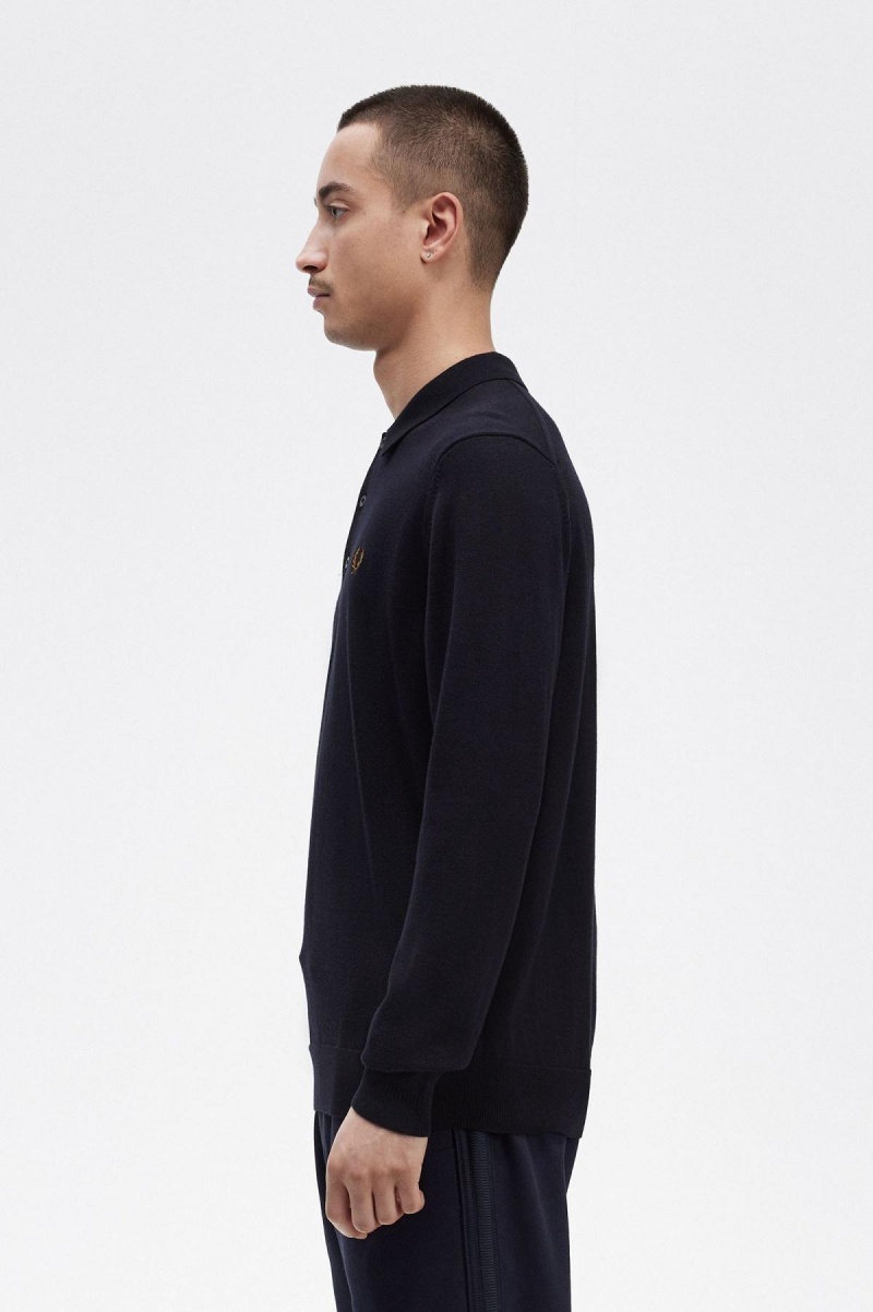 Navy Fred Perry Long Sleeve Knitted Shirt Men's Knitwear | GCAEC23193