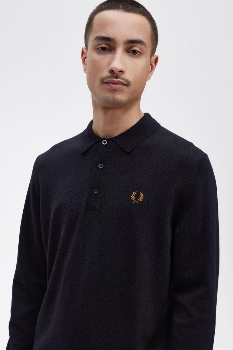 Navy Fred Perry Long Sleeve Knitted Shirt Men's Knitwear | GCAEC23193