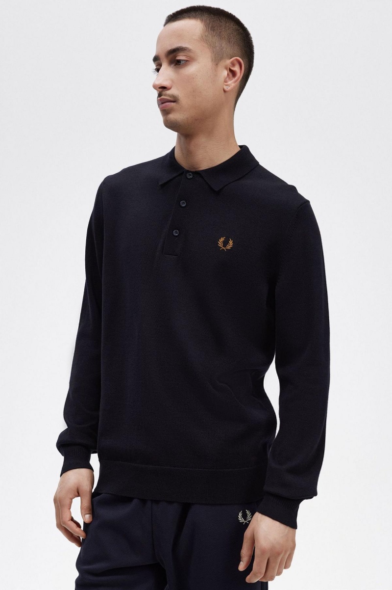 Navy Fred Perry Long Sleeve Knitted Shirt Men's Knitwear | GCAEC23193