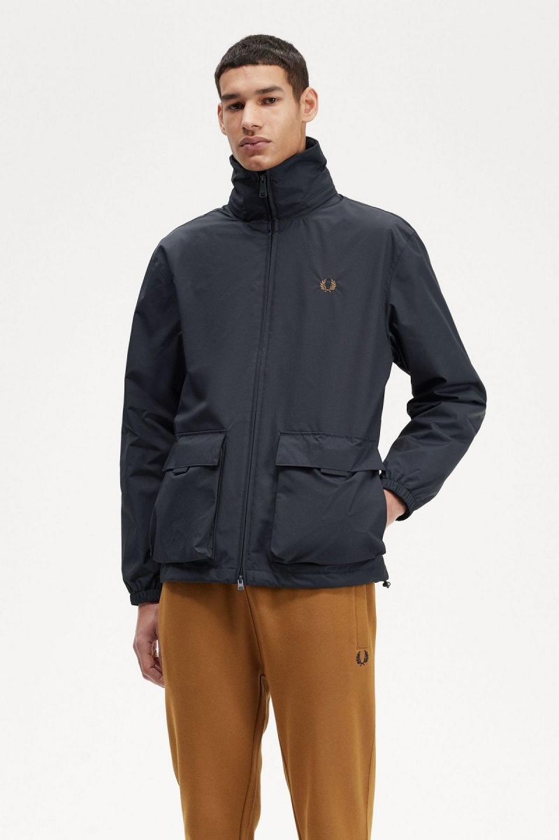 Navy Fred Perry Patch Pocket Zip Through Men's Coats | ZCAMJ89344