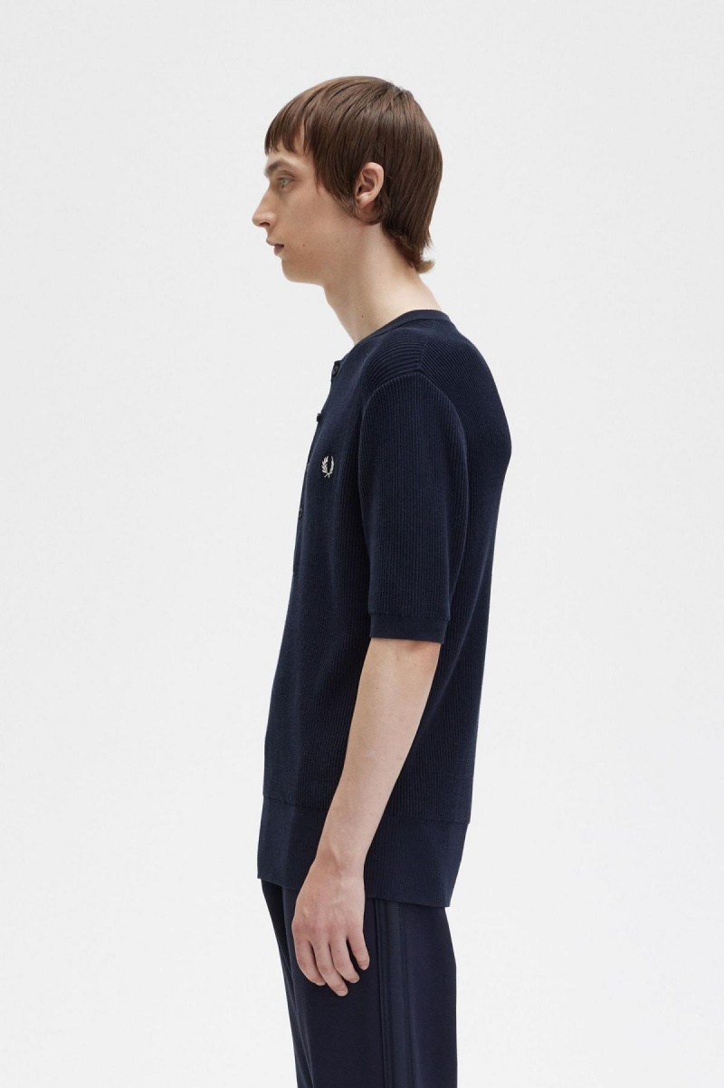 Navy Fred Perry Ribbed Knitted Henley Top Men's Knitwear | LCASX77187