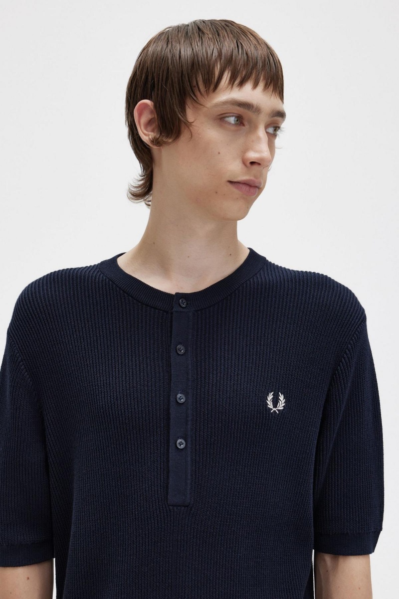 Navy Fred Perry Ribbed Knitted Henley Top Men's Knitwear | LCASX77187