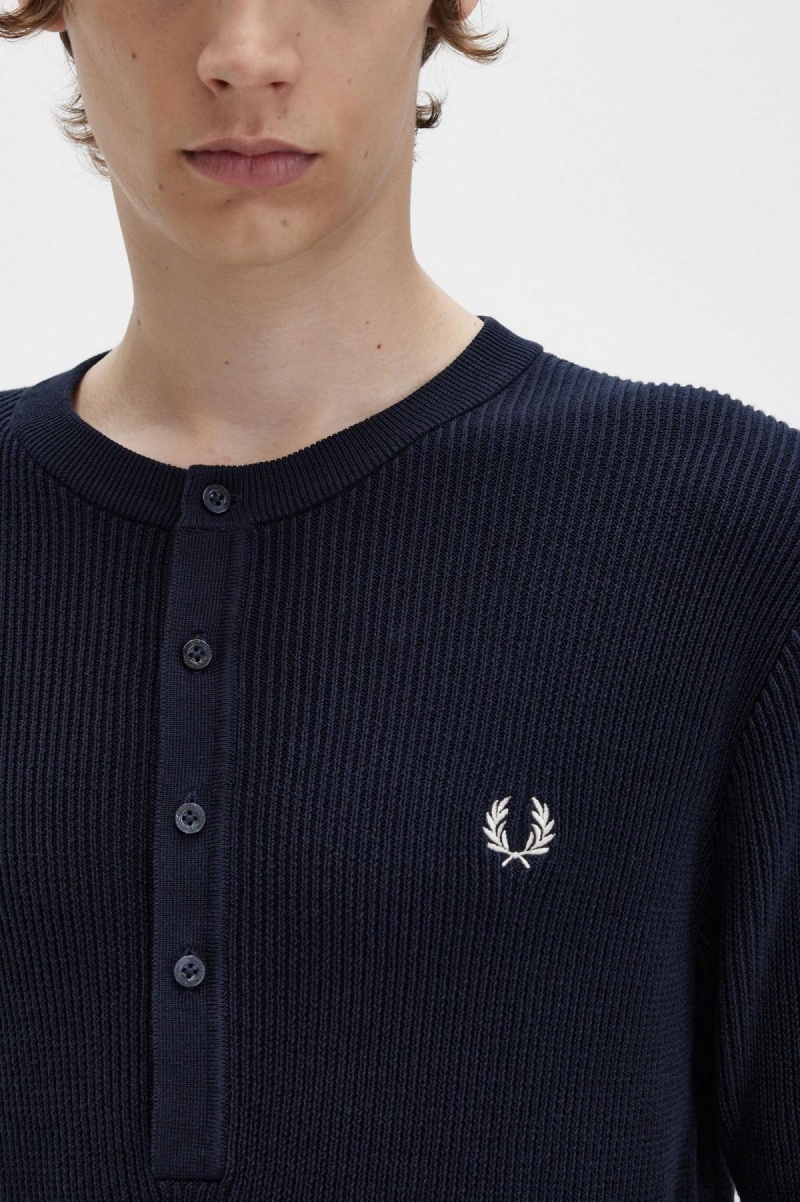 Navy Fred Perry Ribbed Knitted Henley Top Men's Knitwear | LCASX77187