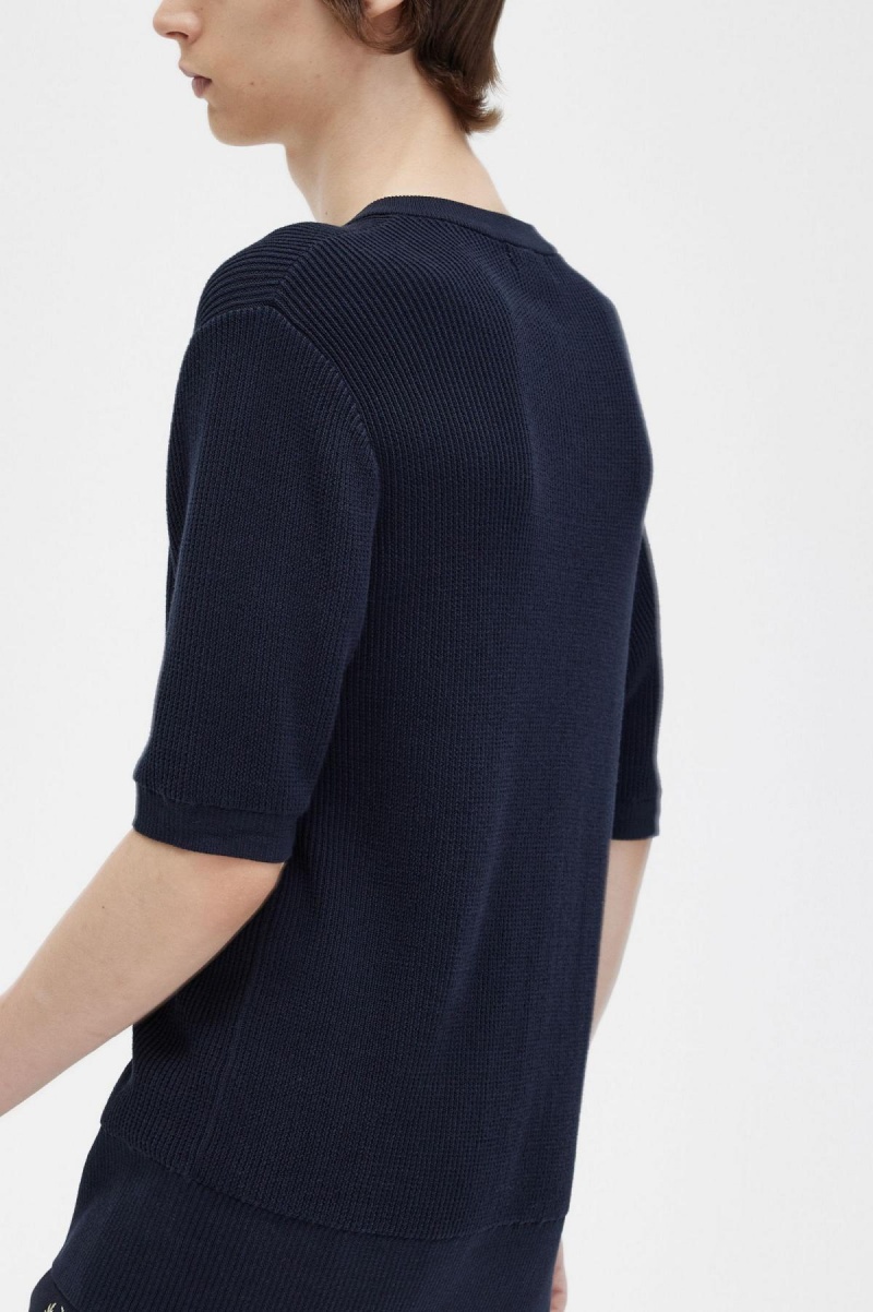 Navy Fred Perry Ribbed Knitted Henley Top Men's Knitwear | LCASX77187