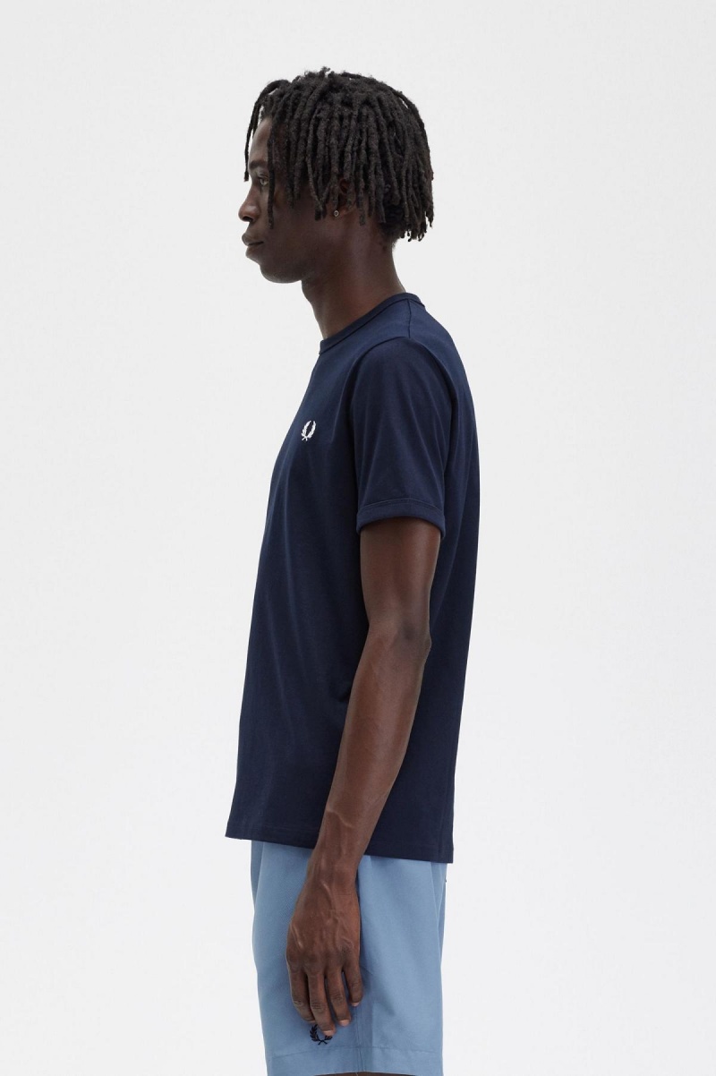 Navy Fred Perry Ringer Men's T Shirts | DCAVO49132