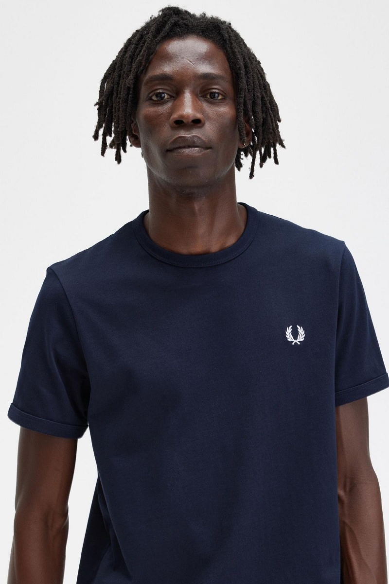 Navy Fred Perry Ringer Men's T Shirts | DCAVO49132