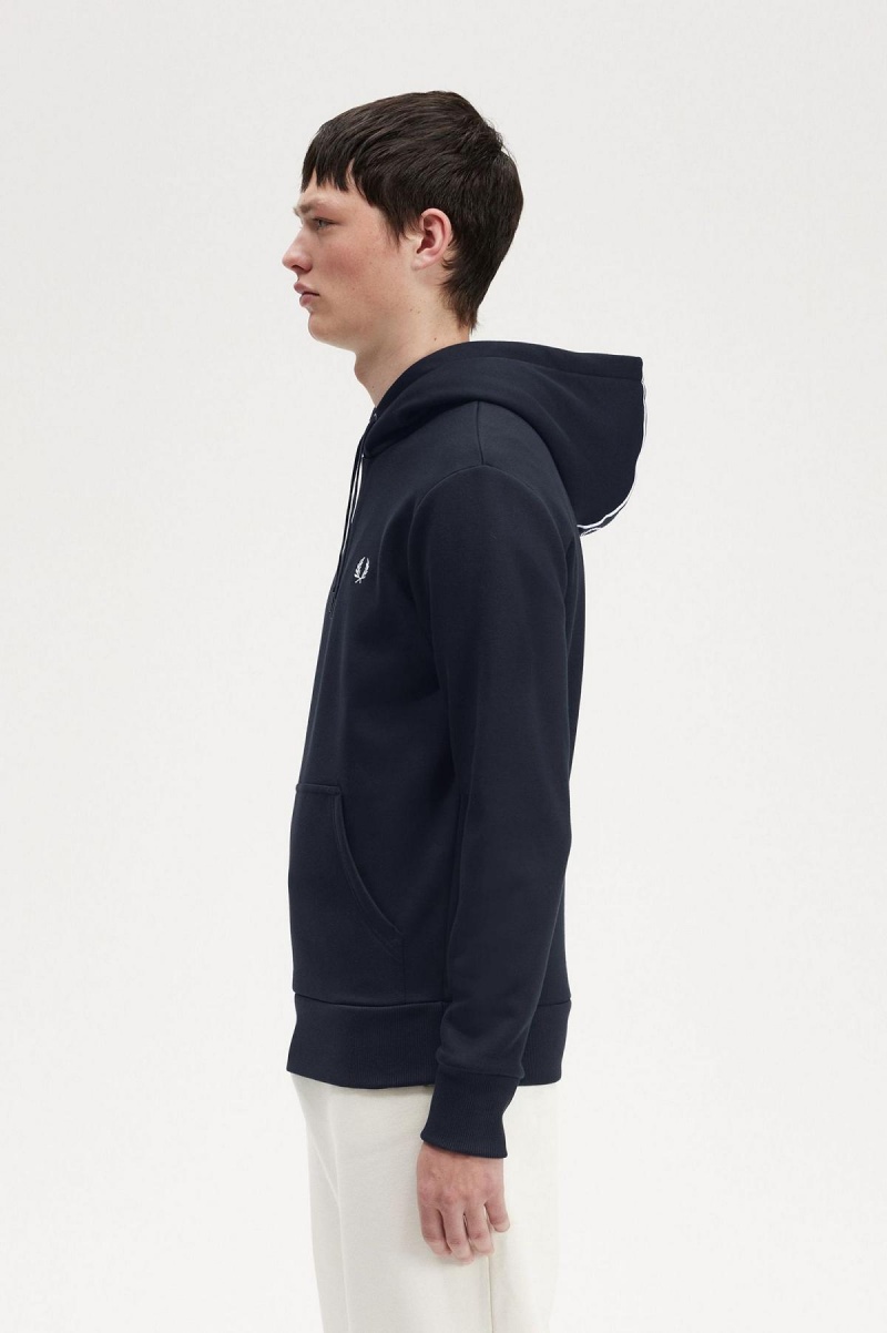 Navy Fred Perry Tape Detail Hooded Men's Sweatshirts | GCAEC89014