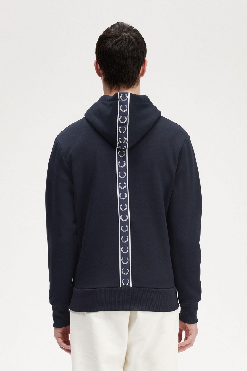 Navy Fred Perry Tape Detail Hooded Men's Sweatshirts | GCAEC89014