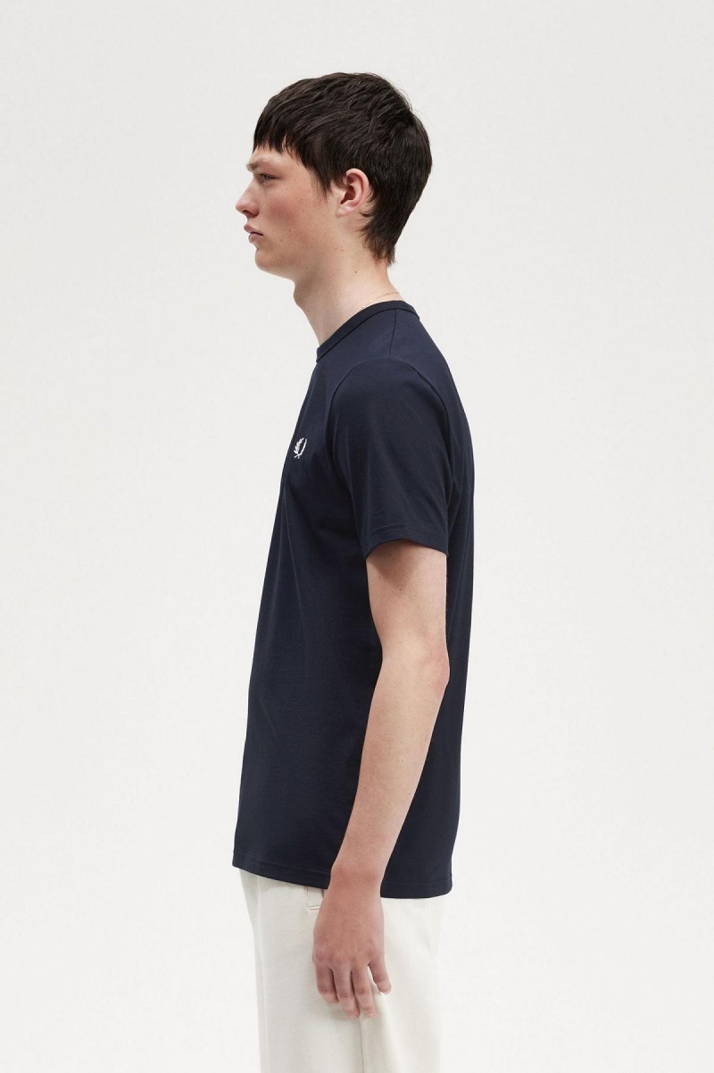 Navy Fred Perry Tape Detail Men's T Shirts | CAXMI65465