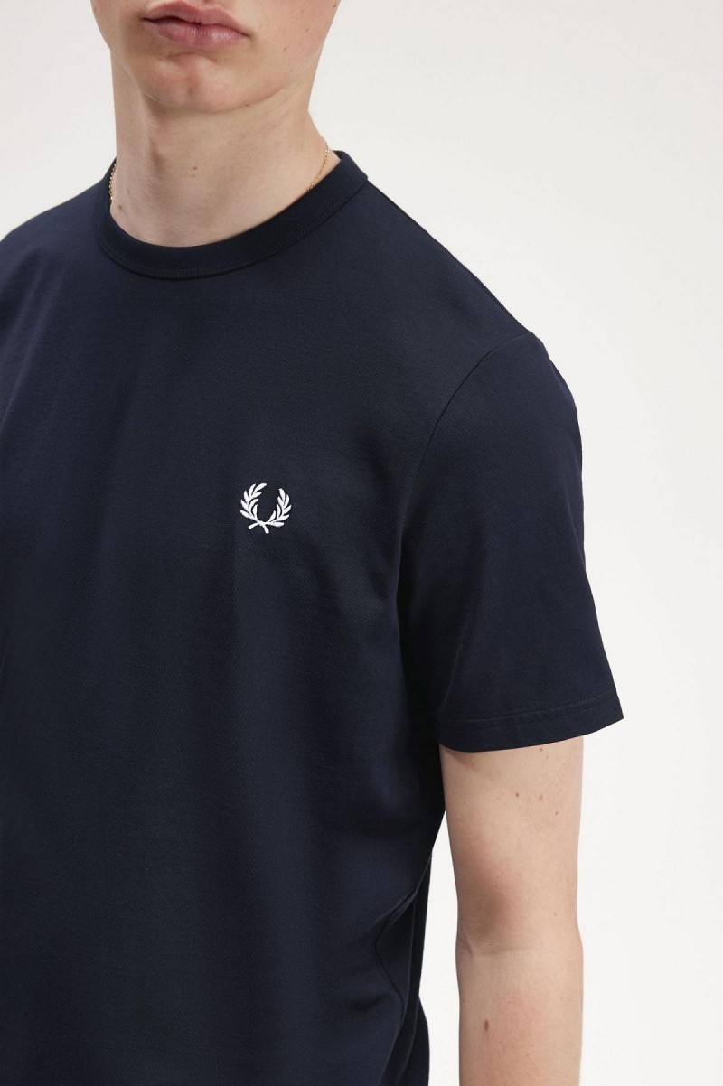 Navy Fred Perry Tape Detail Men's T Shirts | CAXMI65465