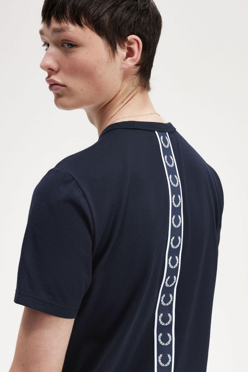 Navy Fred Perry Tape Detail Men's T Shirts | CAXMI65465