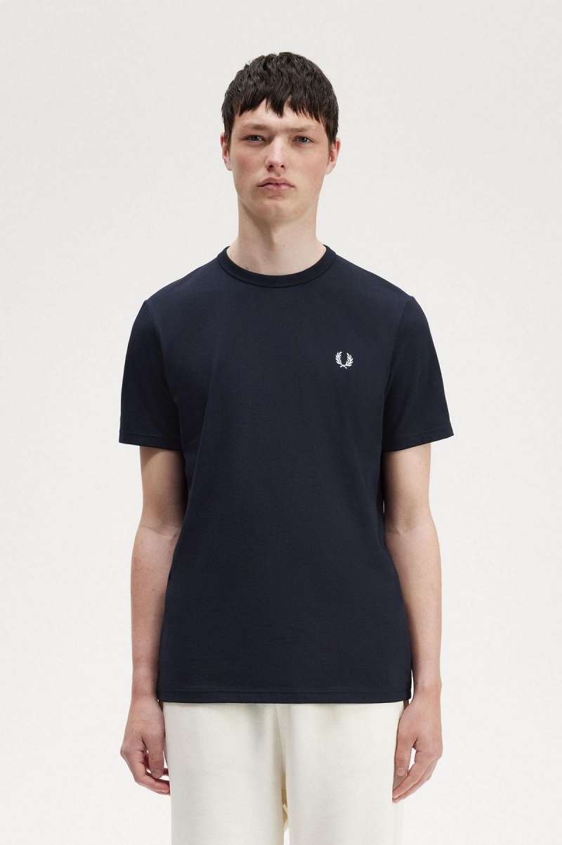 Navy Fred Perry Tape Detail Men\'s T Shirts | CAXMI65465