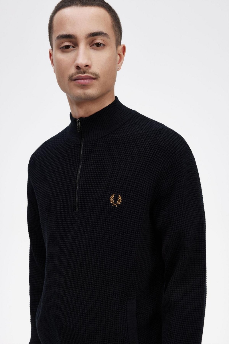 Navy Fred Perry Waffle Stitch Half Zip Jumper Men's Knitwear | ACADF19280