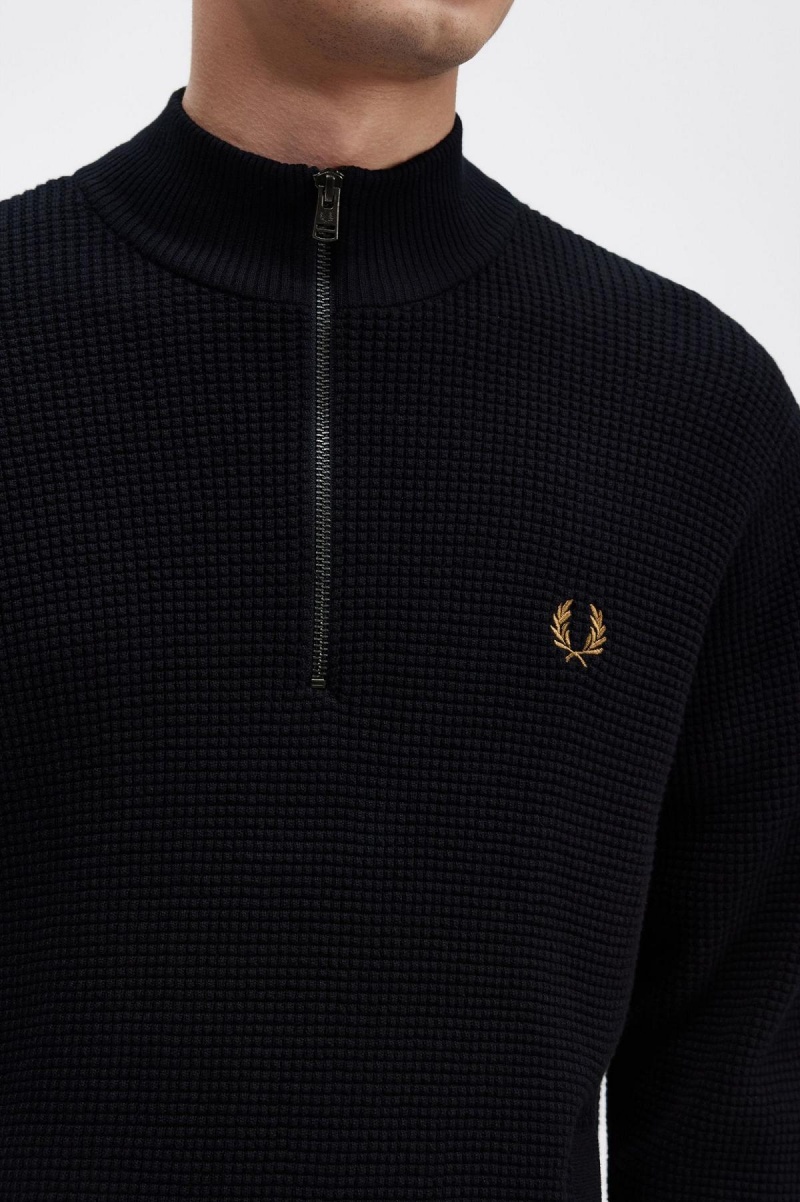 Navy Fred Perry Waffle Stitch Half Zip Jumper Men's Knitwear | ACADF19280