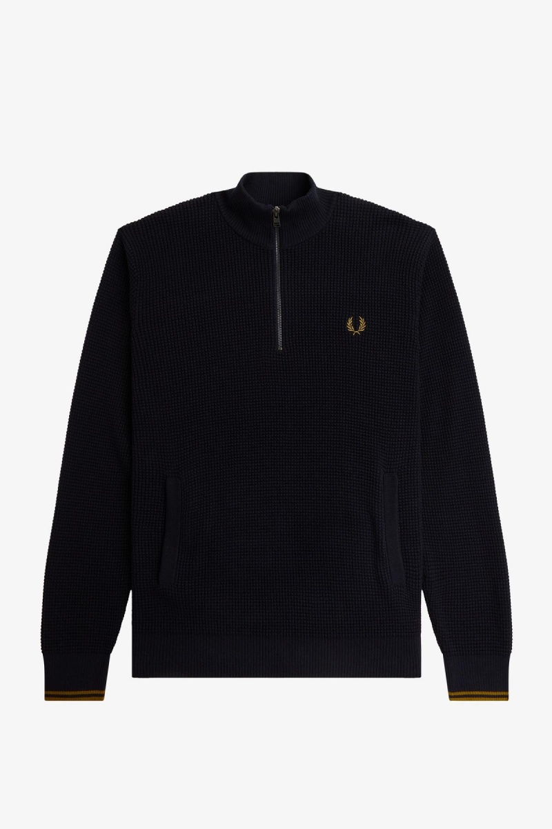 Navy Fred Perry Waffle Stitch Half Zip Jumper Men's Knitwear | ACADF19280