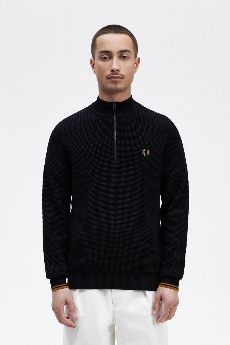 Navy Fred Perry Waffle Stitch Half Zip Jumper Men\'s Knitwear | ACADF19280