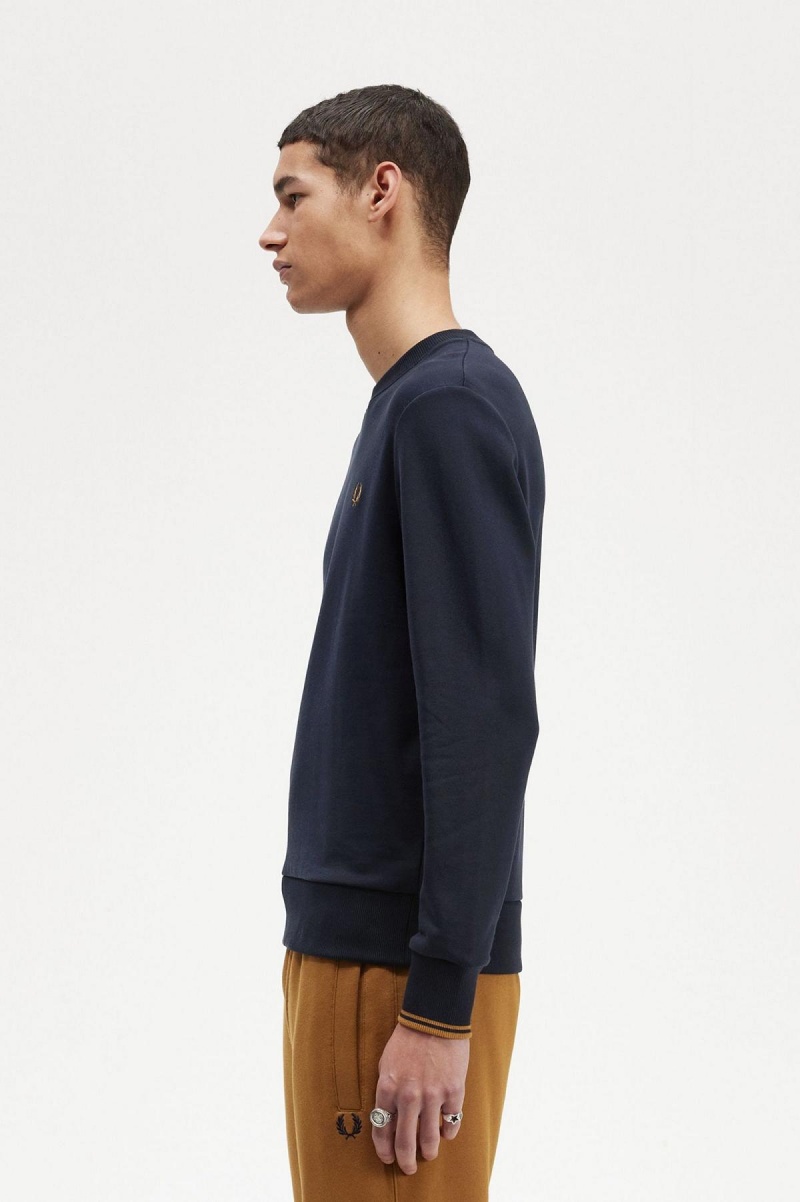 Navy / Dark Caramel Fred Perry Crew Neck Men's Sweatshirts | CADFL50974