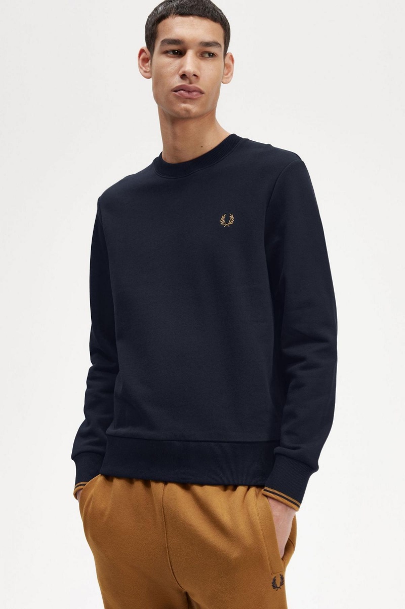 Navy / Dark Caramel Fred Perry Crew Neck Men's Sweatshirts | CADFL50974