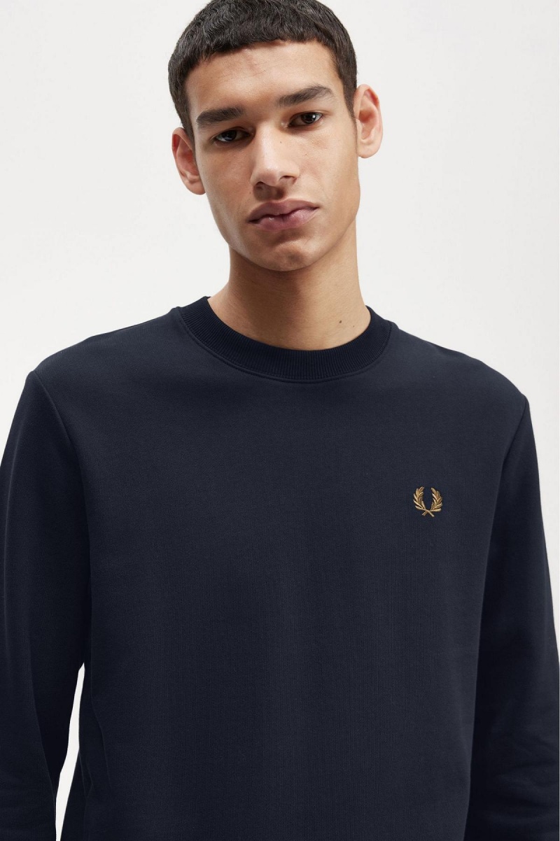 Navy / Dark Caramel Fred Perry Crew Neck Men's Sweatshirts | CADFL50974