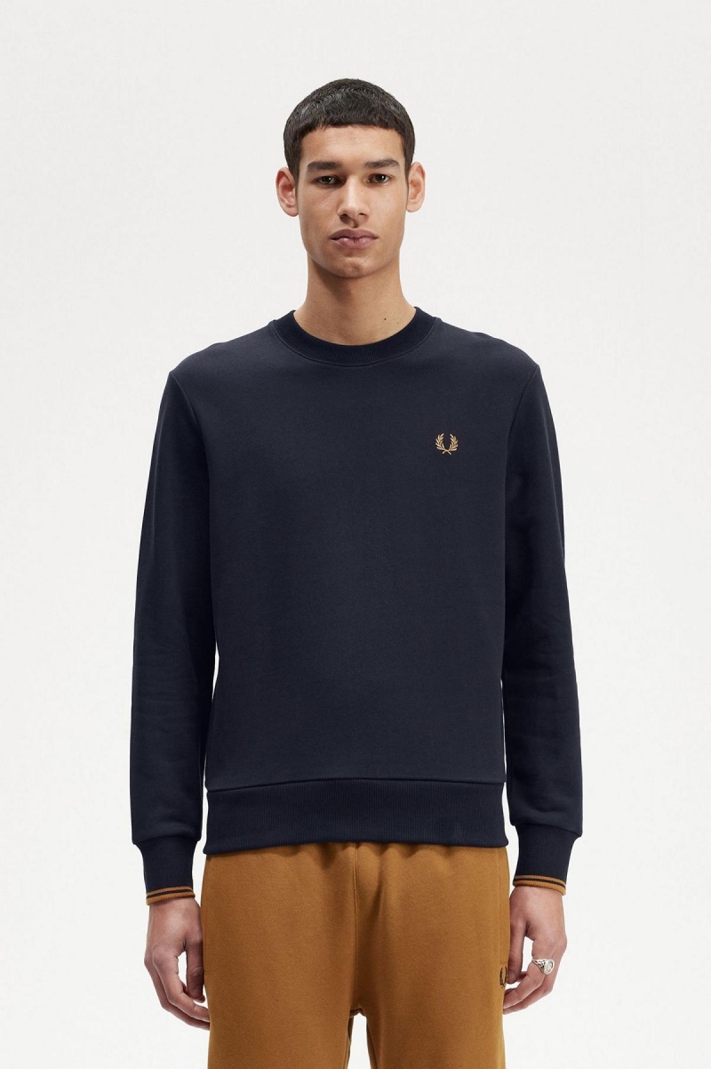 Navy / Dark Caramel Fred Perry Crew Neck Men\'s Sweatshirts | CADFL50974