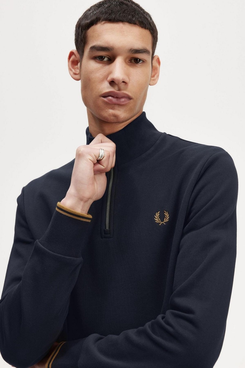 Navy / Dark Caramel Fred Perry Half Zip Men's Sweatshirts | CADFL49223