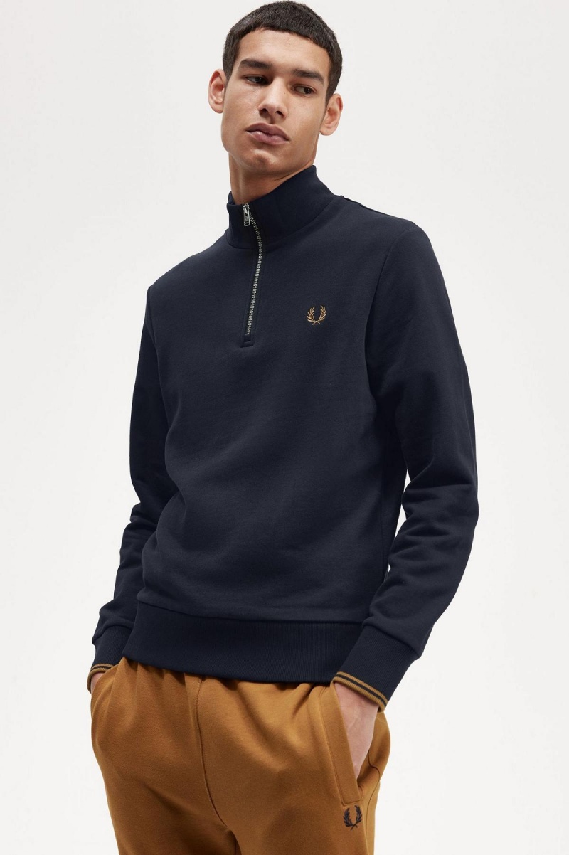 Navy / Dark Caramel Fred Perry Half Zip Men's Sweatshirts | CADFL49223