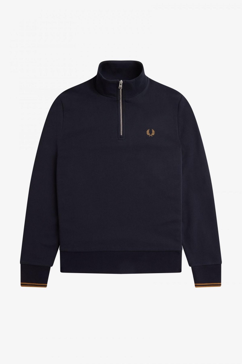 Navy / Dark Caramel Fred Perry Half Zip Men's Sweatshirts | CADFL49223