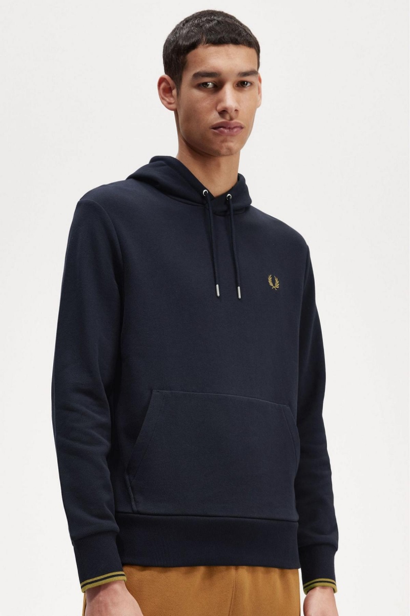 Navy / Dark Caramel Fred Perry Tipped Hooded Men's Sweatshirts | MCAFT51436