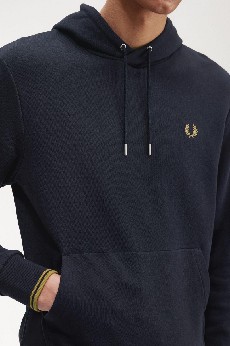 Navy / Dark Caramel Fred Perry Tipped Hooded Men's Sweatshirts | MCAFT51436