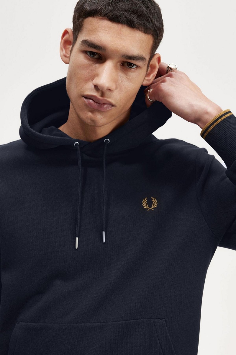 Navy / Dark Caramel Fred Perry Tipped Hooded Men's Sweatshirts | MCAFT51436