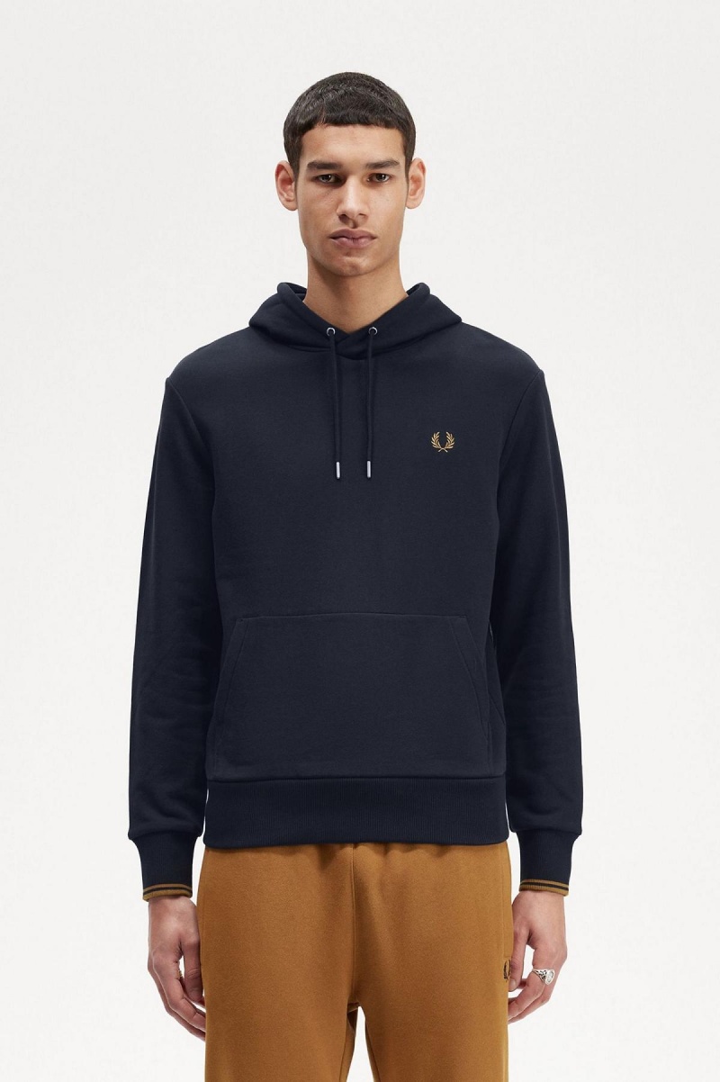 Navy / Dark Caramel Fred Perry Tipped Hooded Men\'s Sweatshirts | MCAFT51436