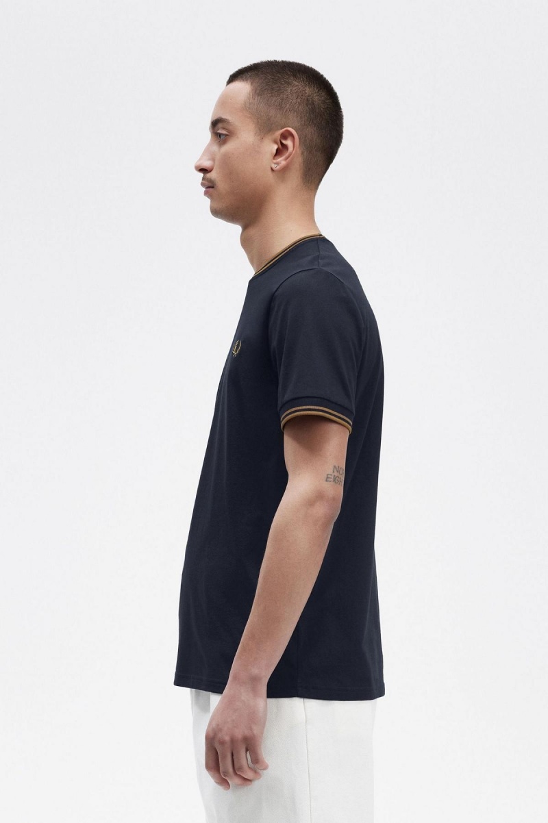 Navy / Dark Caramel Fred Perry Twin Tipped Men's T Shirts | CADYB53035