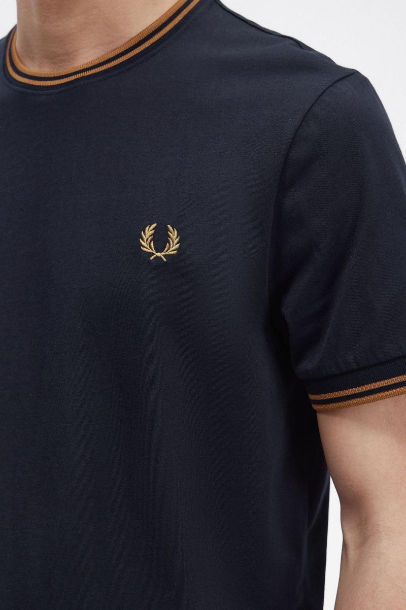 Navy / Dark Caramel Fred Perry Twin Tipped Men's T Shirts | CADYB53035