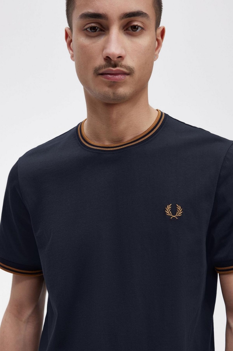 Navy / Dark Caramel Fred Perry Twin Tipped Men's T Shirts | CADYB53035