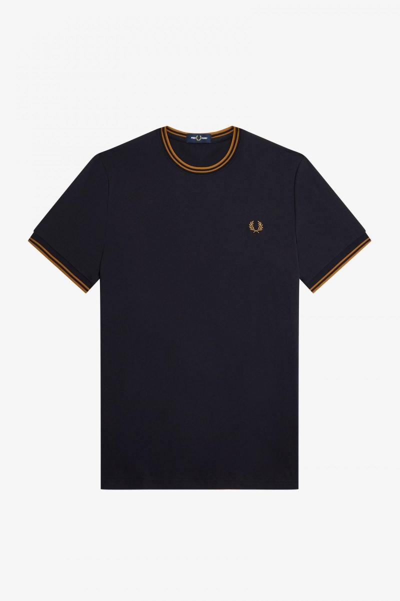 Navy / Dark Caramel Fred Perry Twin Tipped Men's T Shirts | CADYB53035