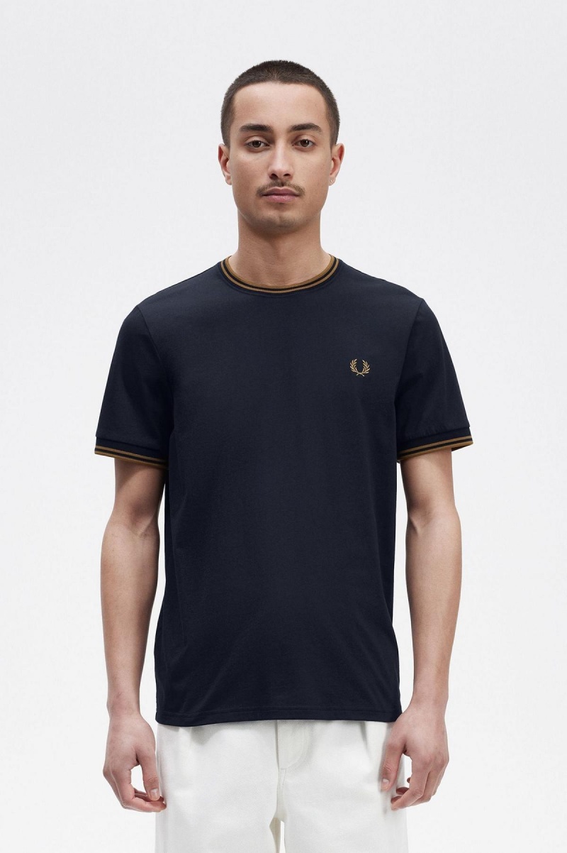 Navy / Dark Caramel Fred Perry Twin Tipped Men\'s T Shirts | CADYB53035