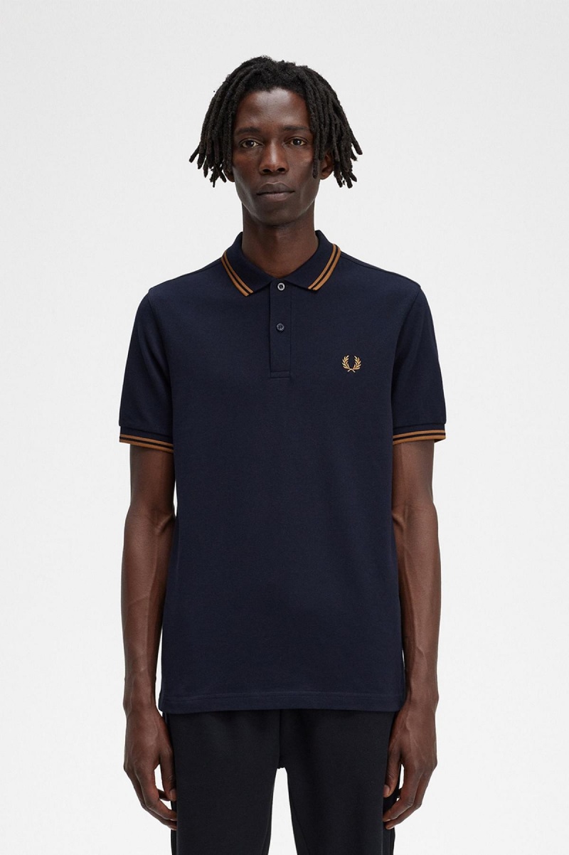 Navy / Dark Caramel / Dark Caramel Fred Perry M3600 Men's Fred Perry Shirt | ZCANQ56806