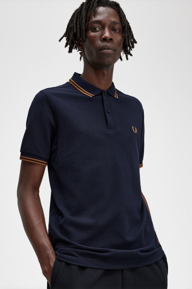 Navy / Dark Caramel / Dark Caramel Fred Perry M3600 Men's Polo Shirts | GCAUC62919