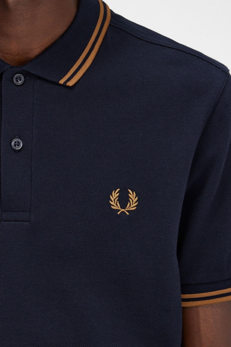 Navy / Dark Caramel / Dark Caramel Fred Perry M3600 Men's Polo Shirts | GCAUC62919