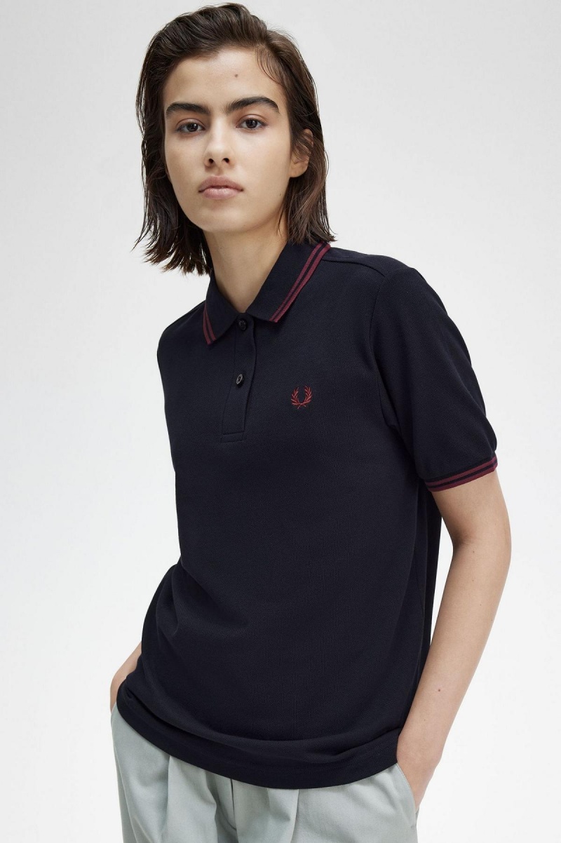 Navy / Oxblood / Oxblood Fred Perry G3600 Women's Polo Shirts | ACAWC61319