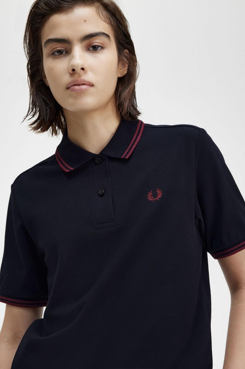 Navy / Oxblood / Oxblood Fred Perry G3600 Women's Polo Shirts | ACAWC61319