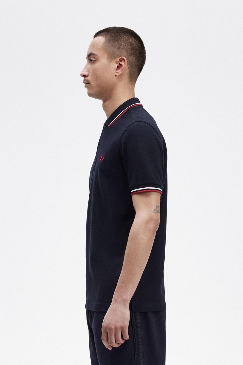 Navy / Snow White / Burnt Red Fred Perry M3600 Men's Fred Perry Shirt | FCAHY86921