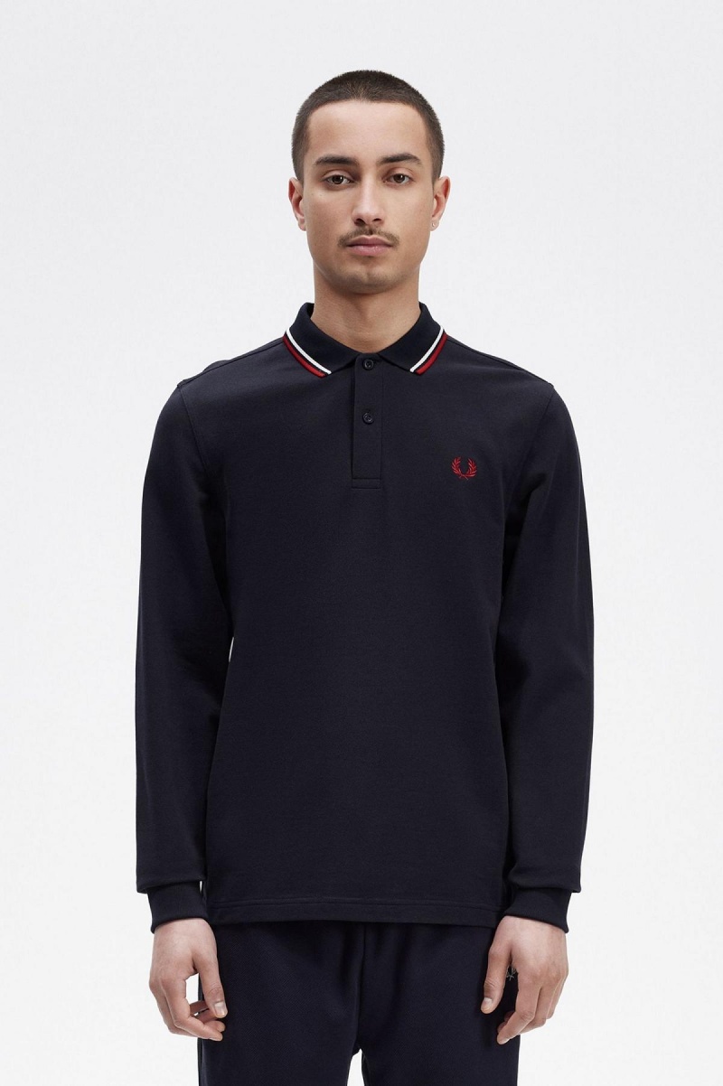 Navy / Snow White / Burnt Red Fred Perry M3636 Men's Fred Perry Shirt | DCAKV46757