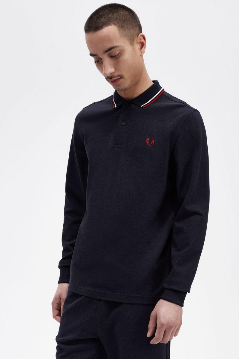 Navy / Snow White / Burnt Red Fred Perry M3636 Men's Polo Shirts | LCATR40354