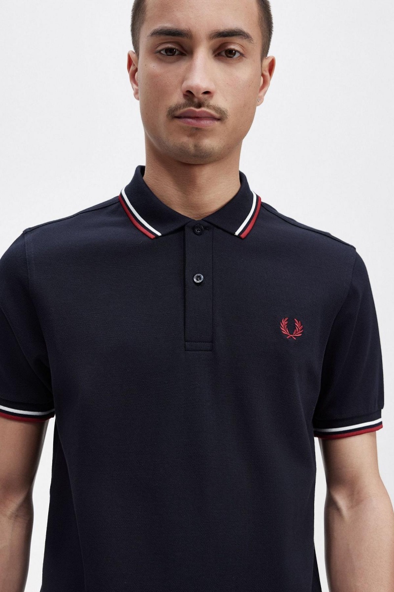 Navy / Snow White / Burnt Red Fred Perry M3600 Men's Polo Shirts | UCAND17816