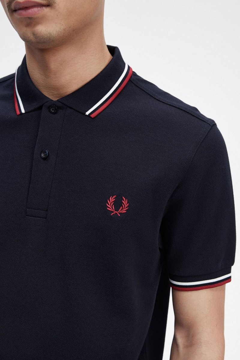 Navy / Snow White / Burnt Red Fred Perry M3600 Men's Polo Shirts | UCAND17816