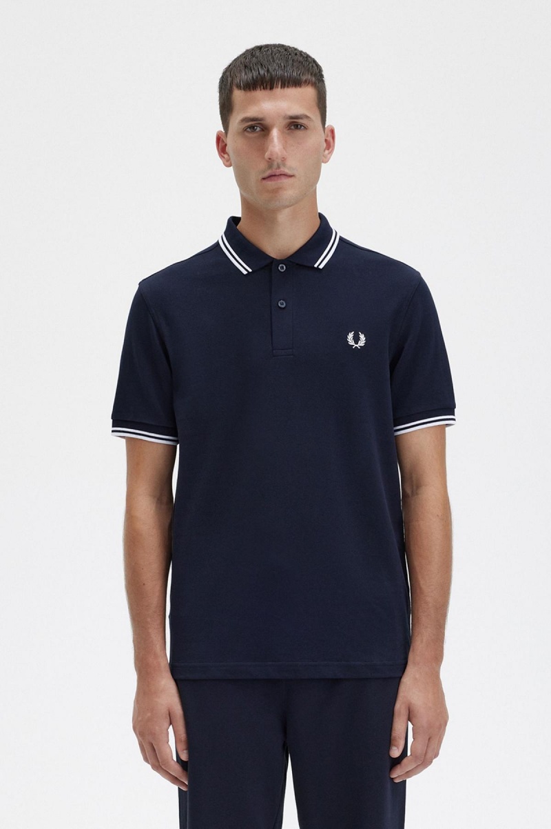 Navy / White / White Fred Perry M3600 Men's Fred Perry Shirt | DCAKV80557