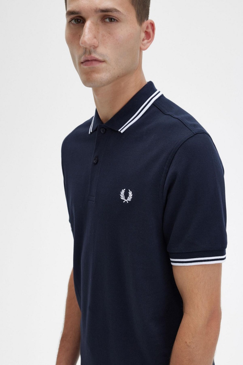 Navy / White / White Fred Perry M3600 Men's Polo Shirts | ZCANQ17226